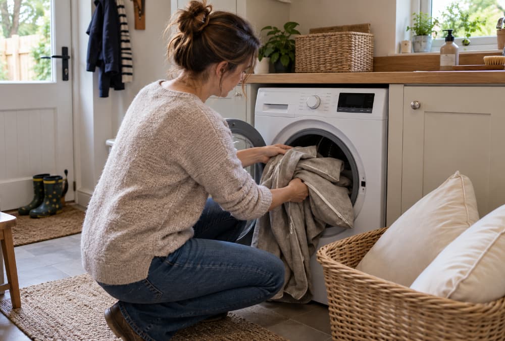 Woman loading beige sofa covers into a front-loading washing machine, with uncovered cushions in a wicker basket nearby.