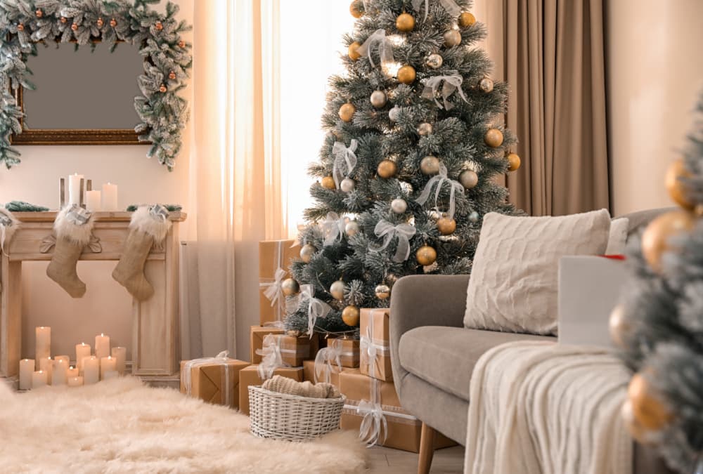 Fabric sofa next to a Christmas tree