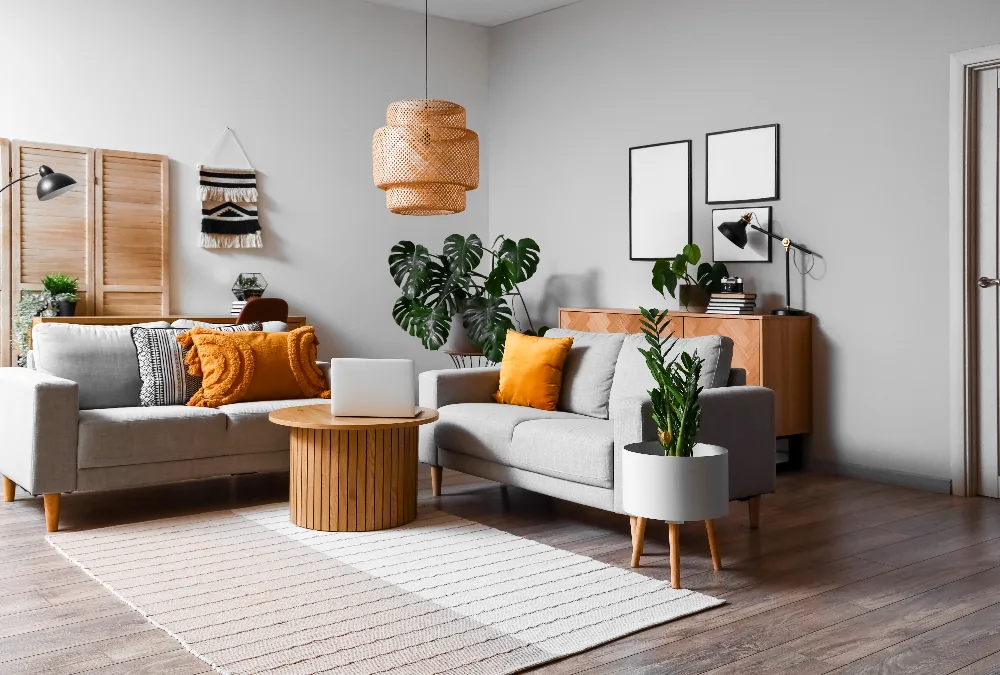 grey sofa with orange pillows blog