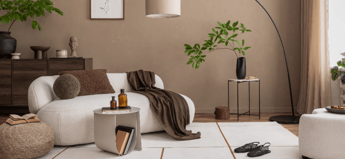 contemporary furnished living room with neutral tones