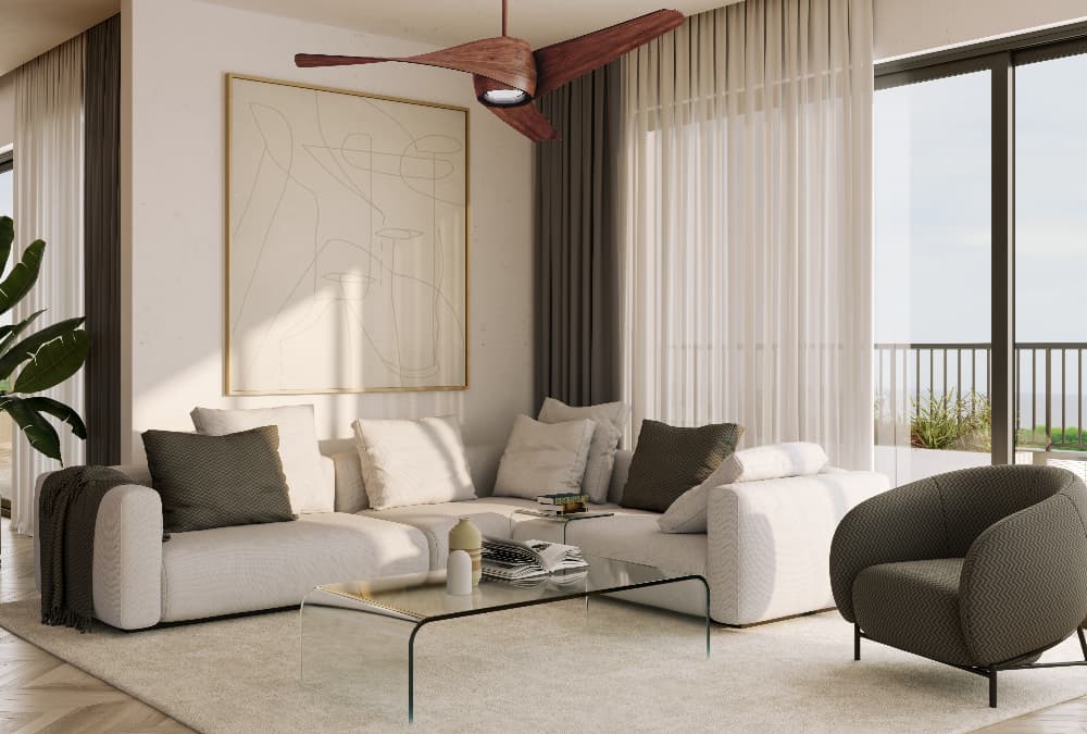 Modern living room featuring a contemporary ceiling fan, large windows and comfortable seating, helping to improve airflow and maintain a comfortable indoor environment.