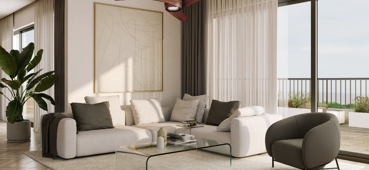 Modern living room featuring a contemporary ceiling fan, large windows and comfortable seating, helping to improve airflow and maintain a comfortable indoor environment.