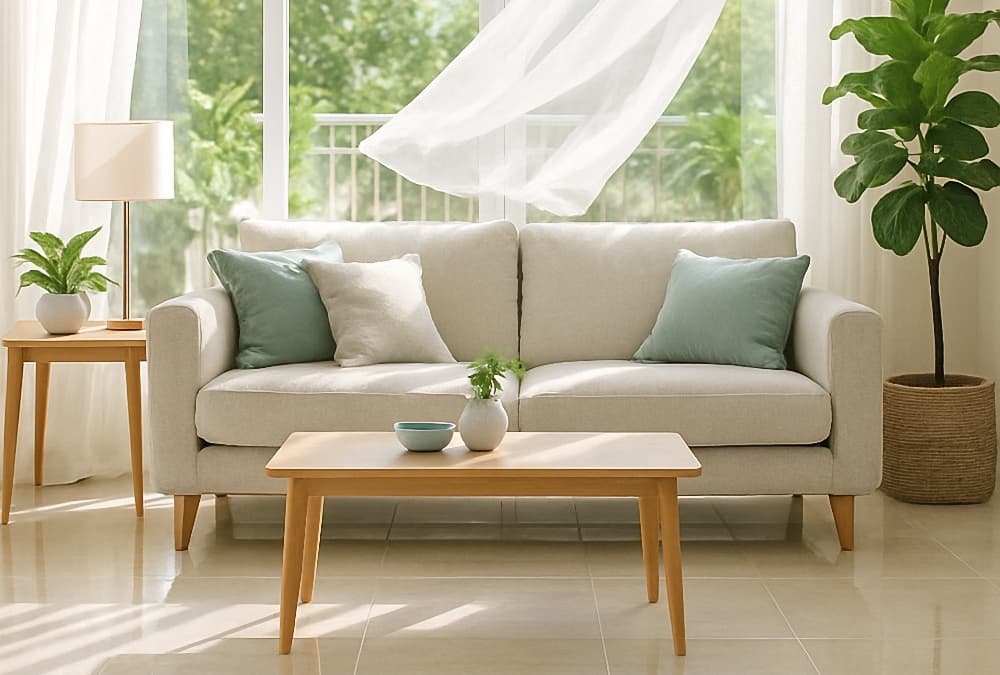 Bright modern living room with sunlight streaming through open windows and flowing curtains, illustrating natural ventilation and keeping the home cool during warm weather.