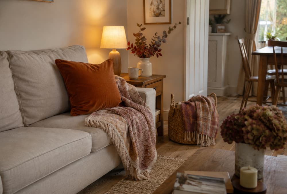 Cosy autumn living room with warm cushions, throws and soft lighting